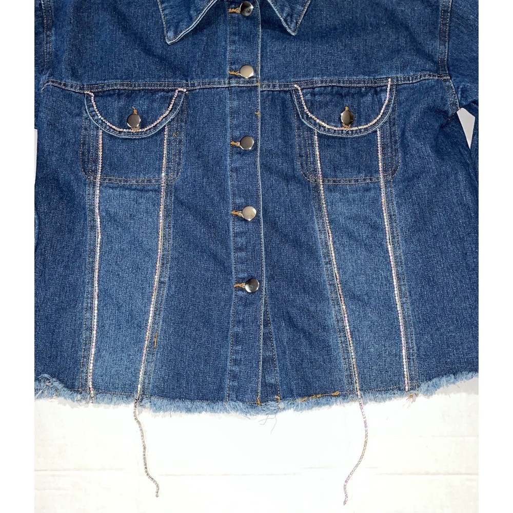 Vintage Haute Monde rhinestone chain trim Denim Jean Jacket M - Picture 7 of 10